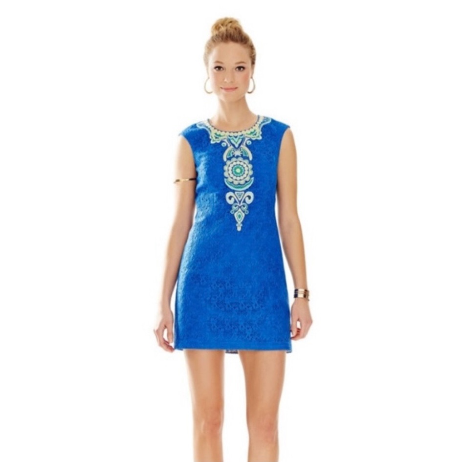 Lilly Pulitzer Valentia Shift Mini Dress Blue Crush Embroidered Lace